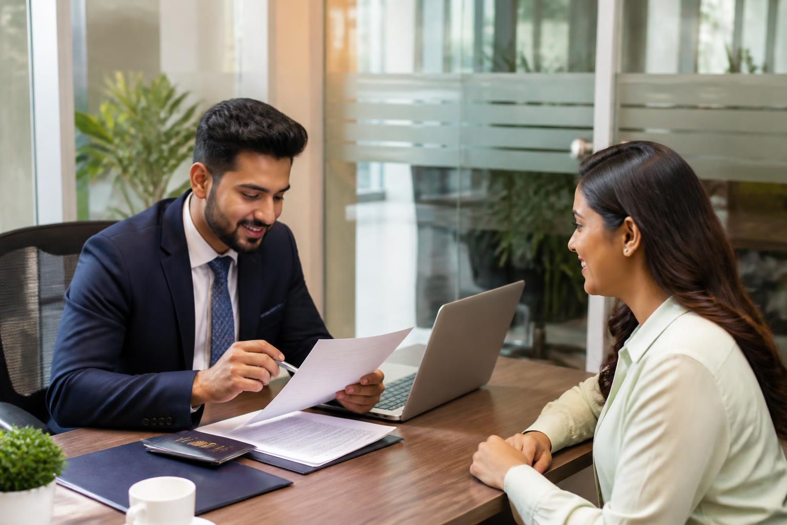 Consultant reviewing visa documents with a client in a modern office
